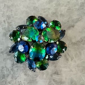 Rare KRAMER OF NY Shades of Blue & Green, Rhinestones High Dome Brooch